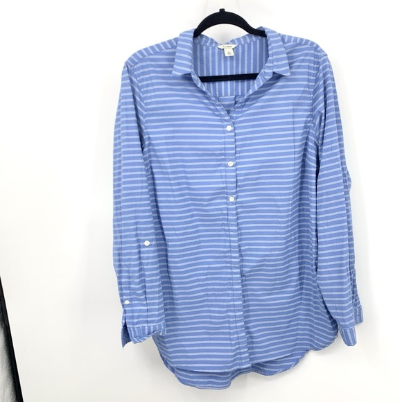 L.L. Bean Tops - LL Bean Women Size XL Shirt Button Down Tunic Top Blue Striped Nylon Stretch